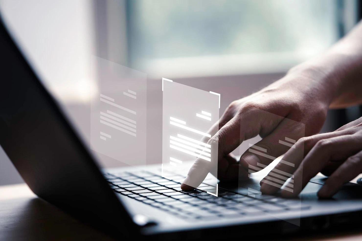 Hand using laptop computer with virtual screen doc